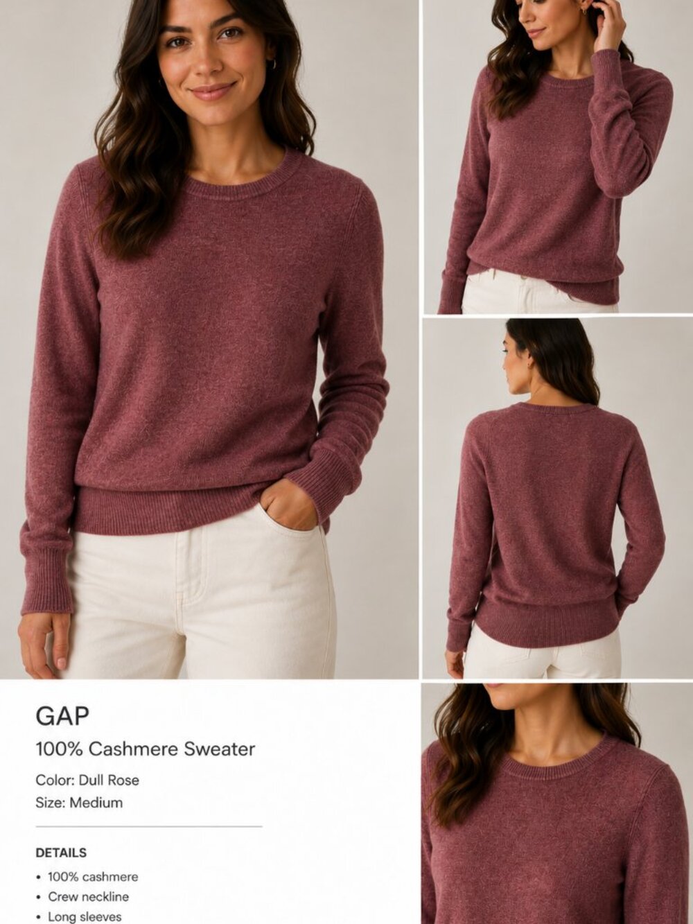 GAP 100% Cashmere Sweater Women’s Medium Pink Dull Rose Crewneck Pullover